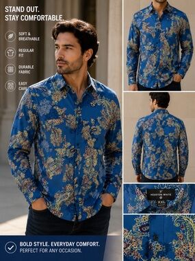Houston White Men's Blue Floral-Print Long Sleeve Button-Down Shirt